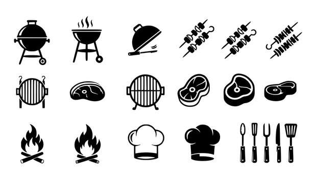 Black BBQ Grill Silhouette Icons Barbecue Cooking Symbol Vector Set