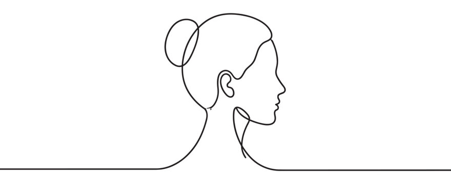 Minimalist continuous line drawing of a woman's profile with hair in a bun, facing right, on a white surface