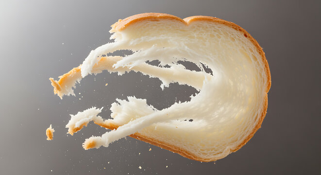 A torn slice of white bread in mid air