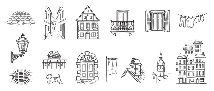 Collection of hand-drawn black and white urban elements, including buildings, street features, and a small dog, rendered in a charming sketch style