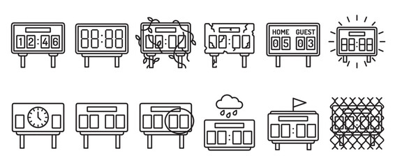 Fototapeta premium Collection of twelve black outline scoreboard icons displaying various times, scores, and conditions in a clean, modern style