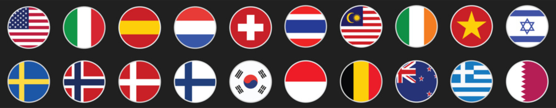 Global round 20 country flags icon set on black background, with and without names on vector illustration, international flag collection flat design symbols for modern UI, web and app design