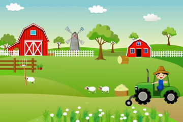 A colorful cartoon farm scene with a red barn windmill and tractor © Lelin
