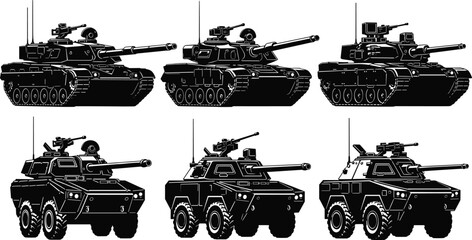 Set of military battle tank and armored vehicle black silhouettes with gun turrets and heavy weaponry for army combat defense force graphic design © JONI