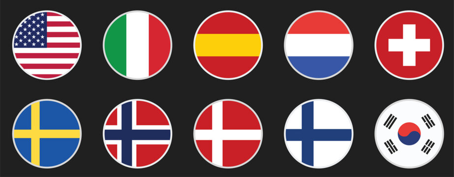 World flags circle icon set of 10 countries, USA Italy Spain Netherlands Switzerland Sweden Norway Denmark Finland Korea flat vector illustration for modern UI, web and app design