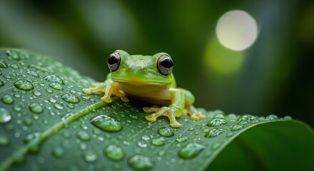 Obraz premium Green Frog Sitting on Wet Leaf.