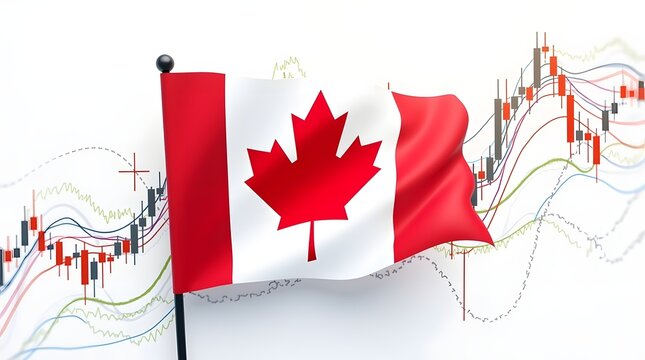Flag of Canada Waving Over Financial Market Graphs Representing Economic Growth and Analysis