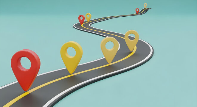 Navigation route with colorful location pins on a winding road