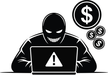 A hooded figure hacks a computer surrounded by dollar signs © Rubi