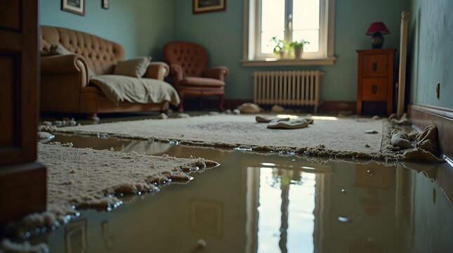 Flooded Living Room with Water Pooling on Carpet and Sunlight Streaming Through Window