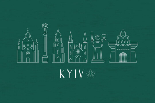 Kyiv landmarks skyline in line style vector illustration