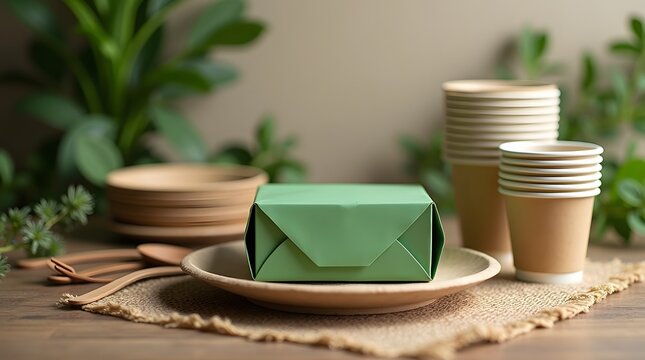 Eco-Friendly Green Packaging on a Plate Surrounded by Natural Tableware and Plant Decorations
