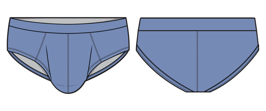 Men's underwear brief design front and back view flat sketch fashion illustration, Gents trunk under garments cad drawing vector template mock up