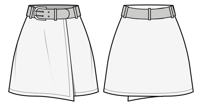 Women's belted mini wrapped Skirt flat sketch fashion illustration cad drawing with front and back view. Woven skater skirt mini short skirt design vector template