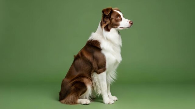 A purebred border collie dog sits attentively on a plain green background in a professional studio shot.