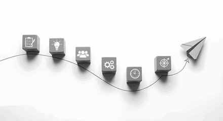 Business strategy and planning concept with icons on cubes leading to a paper airplane management © Mamun