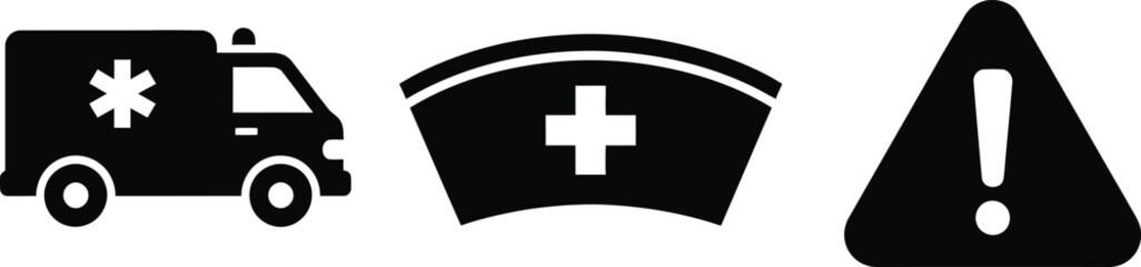Obraz premium Medical ambulance, nurse hat and warning sign icons