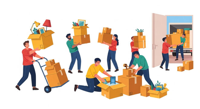 Vector illustration of a team of professional movers or people relocating, carrying cardboard boxes, furniture, and loading a delivery truck. 