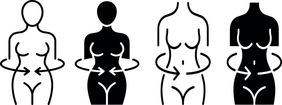 Illustrations of body types with varying degrees of abdominal fullness and posture
