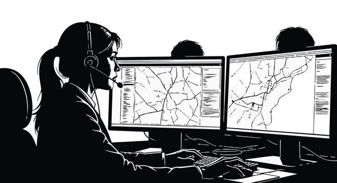 Dispatcher working at a computer station with maps on screens