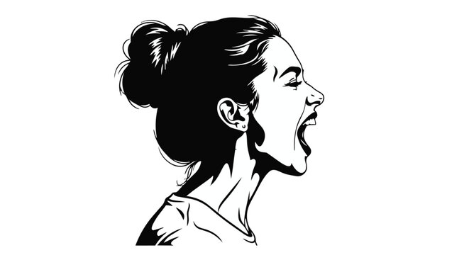 Side profile of a woman screaming with a messy bun hairstyle