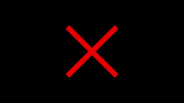 Prohibition and Error Cross Animation Showing Red X Symbol with Clean Minimal Style, diagonal cross on black background, 4k video