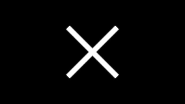 Prohibition and Error Cross Animation Showing white X Symbol with Clean Minimal Style, diagonal cross on black background, 4k video