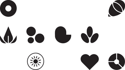 Fototapeta premium Abstract black shapes and miscellaneous icons featuring heart leaf and geometric symbols for creative logo design and brand identity work