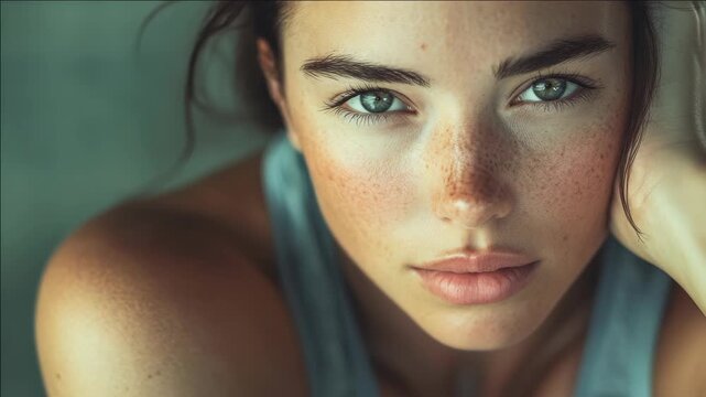 Close-up of a woman's face with a confident gaze, displaying her features and the vibrant color of her freckles.