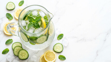 Fototapeta premium Fresh detox water in a glass pitcher with cucumber, lemon, mint and ice on white marble. Minimalist flat lay with wide copy space for healthy lifestyle and wellness concepts
