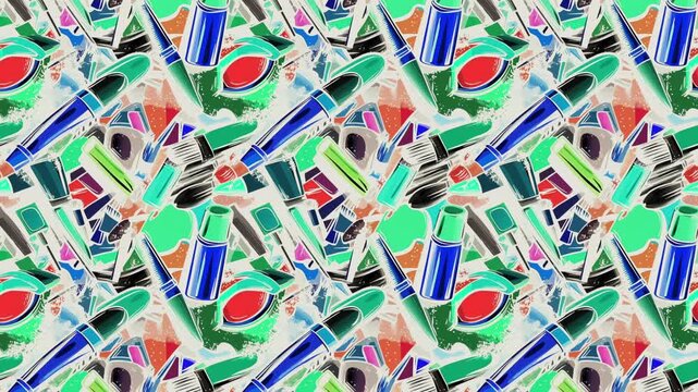 A repeating grid of assorted cosmetics such as mascara tubes, nail polish bottles, lipsticks, brushes, and compacts is arranged in a dense tiled pattern.