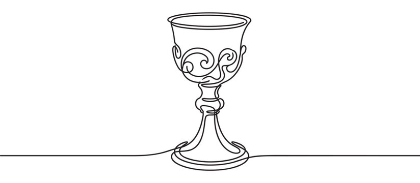 Single continuous line drawing of an ornate chalice with decorative swirls, rendered in a minimalist black and white style