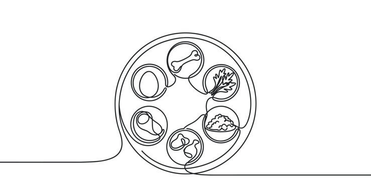 Continuous line drawing of a Passover Seder plate with symbolic foods, rendered in a minimalist black and white style