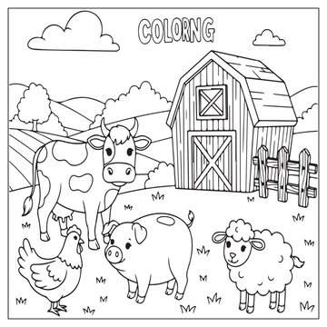 A charming farm scene featuring a cow pig sheep and chicken to color