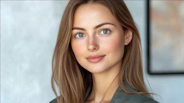 A young woman looking directly at the camera, showcasing her flawless complexion and striking blue eyes.