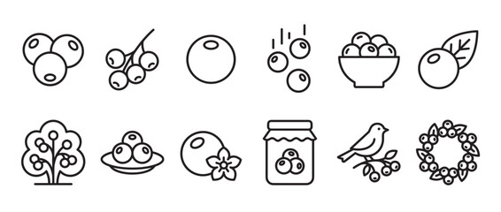 Fototapeta premium Collection of simple black outline blueberry icons, depicting various forms of the fruit and related items, presented with clean lines