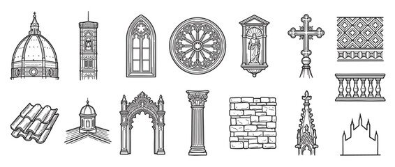 Fototapeta premium Collection of hand-drawn architectural elements in black and white, featuring various historical building details and religious symbols