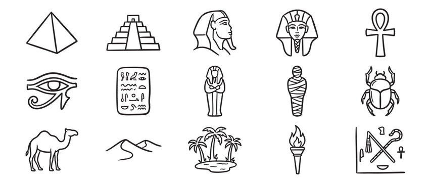 Collection of hand-drawn Egyptian symbols and icons, including pyramids, pharaohs, hieroglyphs, and desert elements, presented as simple black outlines
