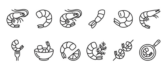 Fototapeta premium Collection of various simple line art shrimp icons, including whole shrimp, peeled shrimp, and shrimp prepared with lemon or on a skewer