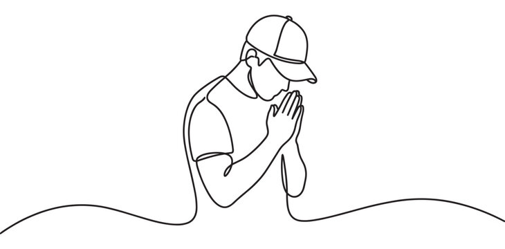Young man wearing a baseball cap is shown in a continuous line art drawing, with his hands pressed together in prayer