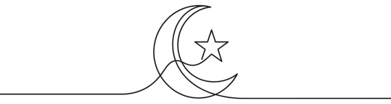 Continuous line drawing of the Islamic crescent moon and star symbol, rendered in a minimalist black outline style