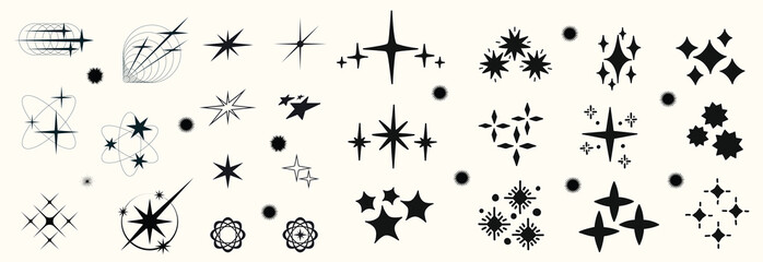 Obraz premium Y2K stars and Retrofuturistic symbols set with flashes, comets, and sparkles. Y2K-inspired vector pack for prints and clothing. Stylish cyber shapes and vaporwave vibe. Stars and flash. Vector set 