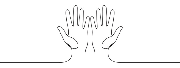 Obraz premium Two human hands with palms facing forward are drawn in a continuous black line art style