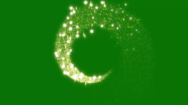 Magical glitter star trail transition with glowing golden particles and twinkling fairy dust, sparkling stardust wave lines and bokeh shimmer lights animation on transparent green background in HD 4K