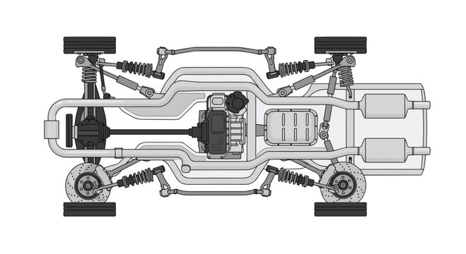 An overhead detailed illustration of a grey car chassis with its engine and suspension components is presented on a white background.