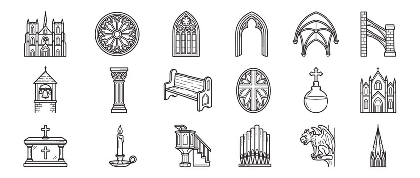 Collection of various black outline gothic church elements and architectural details in a clean, modern vector style
