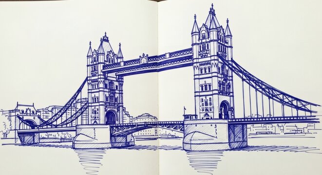 Artistic Blue Ink Sketch of Tower Bridge London in an Open Sketchbook