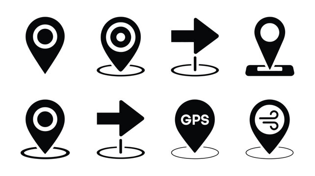 Black map marker and location pin icons collection, vector illustration set for GPS navigation, travel maps, geolocation apps, and user interface design projects