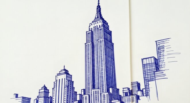 Blue ink pen sketch of the Empire State Building and New York City skyline on white paper