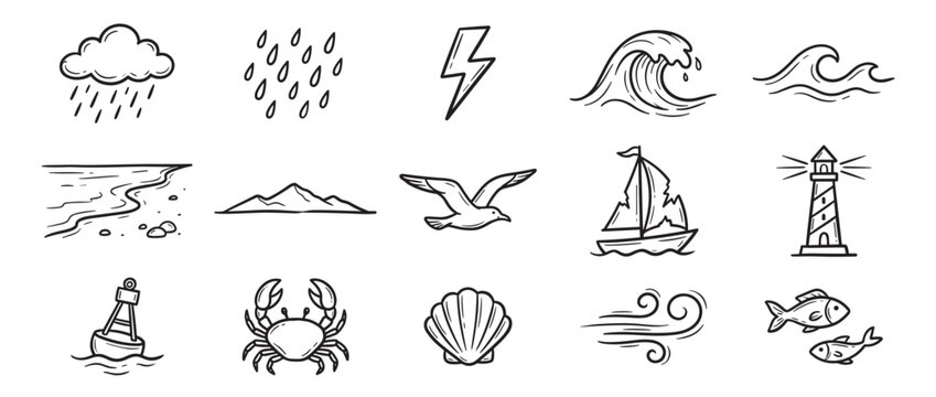 Collection of hand-drawn black and white doodle icons depicting various weather, nature, and sea-related elements